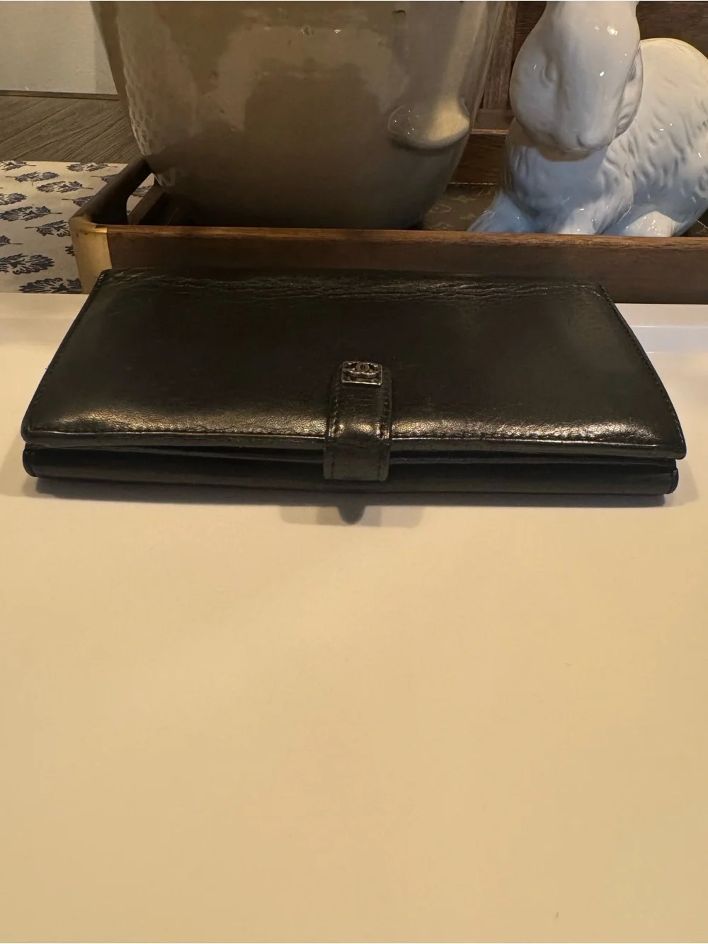 CHANEL Black Leather Long Wallet with CC Button Strap